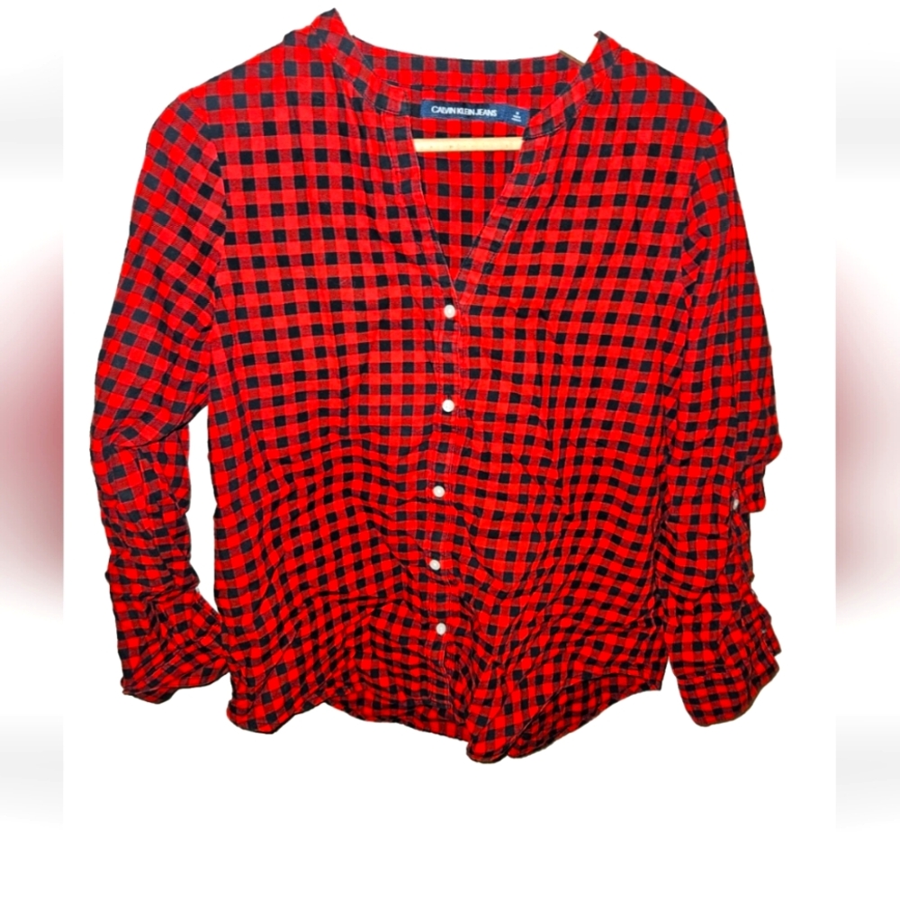 Calvin Klein Womens Shirt Size M  Red & Black Button-Up Collarless Flannel Shirt